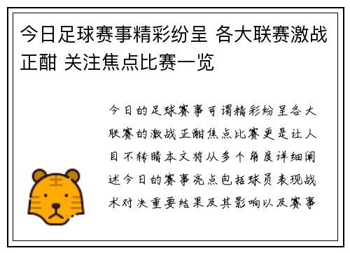 今日足球赛事精彩纷呈 各大联赛激战正酣 关注焦点比赛一览
