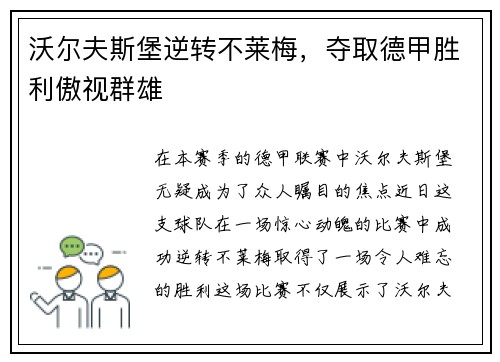 沃尔夫斯堡逆转不莱梅，夺取德甲胜利傲视群雄